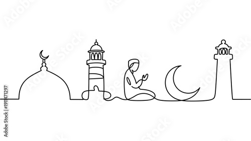 A continuous line drawing depicts a muslim pilgrim praying alongside islamic architectural elements like a crescent moon and minarets high quality professional detailed modern elegant stylish