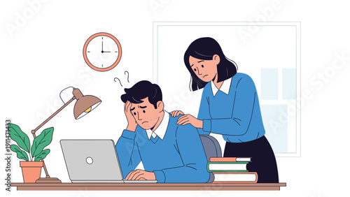 Supportive female colleague comforting a stressed and overworked male employee who is struggling with his work at a laptop.