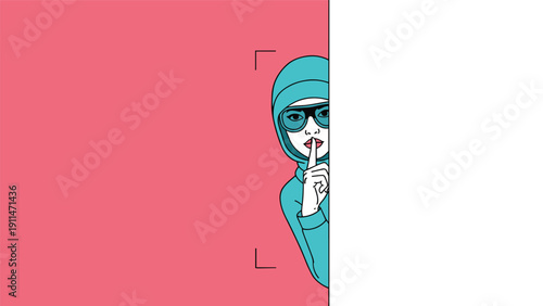 Mysterious woman in a hoodie and sunglasses peeking from behind a wall, making a 'shh' gesture, representing secrets, privacy, or espionage.