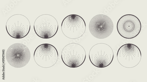 A series of circular dot patterns are displayed gradually increasing in density and complexity illustrating a visual progression high quality professional detailed modern elegant stylish clean