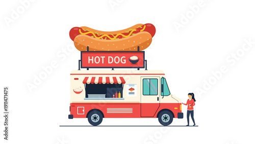 A red and white food truck with a giant hot dog on the roof, selling fast food to a customer on the street.
