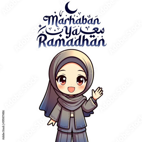 Cheerful cartoon Muslim girl in hijab waving, celebrating Marhaban Ya Ramadhan with modern Islamic greeting text