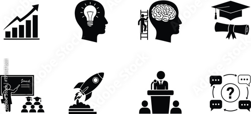 Set of vector silhouette design icons for business education and growth bundle
