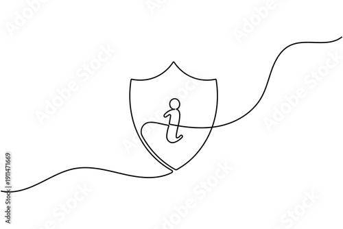 Information icon inside shield continuous one line art style outline vector symbol