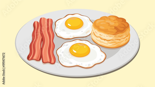 Classic American breakfast plate with two fried eggs, crispy bacon strips, and a fluffy biscuit, presented in a pixel art style.