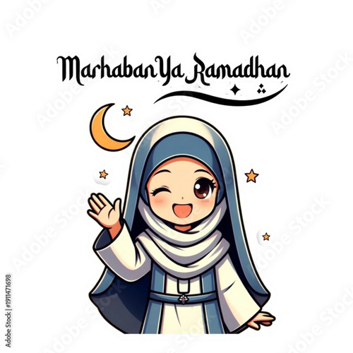 Cheerful cartoon Muslim girl in hijab waving, celebrating Marhaban Ya Ramadhan with modern Islamic greeting text