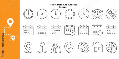 Time, Date and Location Icon set. Vector illustration of Date, Time and Address icon set. editable stroke