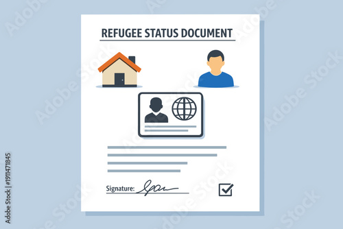 Refugee status document with house and person icons