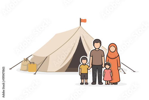 Family in front of refugee tent with supplies, minimal flat style
