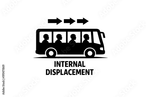 Bus with passenger silhouettes and forward arrows, representing internal displacement