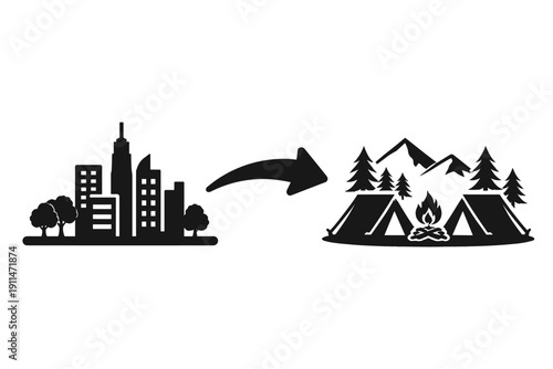 Transition from city silhouette to mountain camping scene icon
