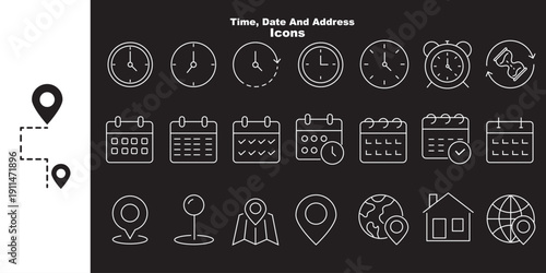 Time, Date and Location Icon set. Vector illustration of Date, Time and Address icon set. editable stroke