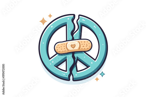 Cracked peace symbol bandaged, symbolizing healing and recovery