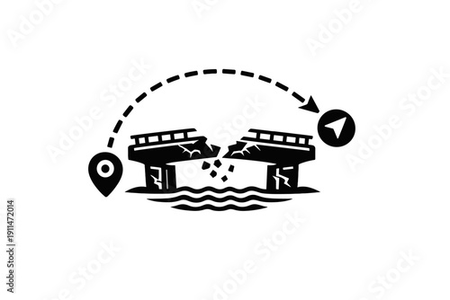 Broken bridge icon showing detour route around collapsed structure