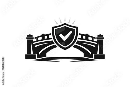 Bridge with shield and checkmark icon for secure passage