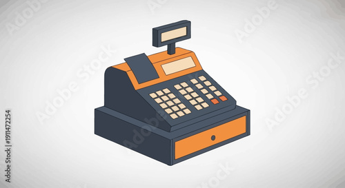 Modern retail cash register illustration designed in a flat vector style. This business concept graphic represents point of sale systems, retail transactions, shop management, and commercial operation