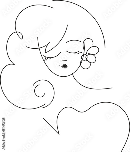 A serene cartoon woman with a flower in her hair and a heart