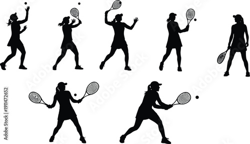Collection of Seven Female Tennis Player Silhouette Vector Illustration Set, Women Athletes Playing Sport with Rackets and Balls for Fitness and Competition Design,