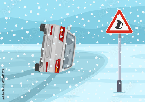 Car driving rules and tips in winter season. Traffic accident scene at "Danger of accident" road sign. White car overturned on a slippery road. Back view. Flat vector illustration template.