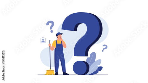 A janitor or cleaning service worker stands thoughtfully in front of a giant question mark, representing questions about cleaning or maintenance.