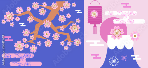 Japanese Cherry Tree, Peach tree, Sakura in Japan- variation imaje collection Icon flat cartoon vector material set