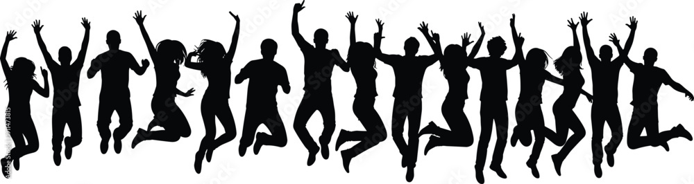 Fototapeta premium Large Collection of Happy People Jumping Silhouette Vector Illustration Set, Group of Cheering Men and Women for Celebration Success Joy and Active Lifestyle Design,