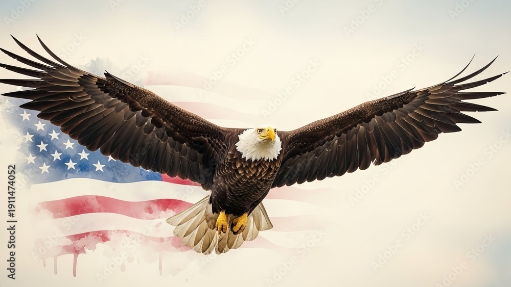 Naklejka premium Bald eagle flying against watercolor American flag.