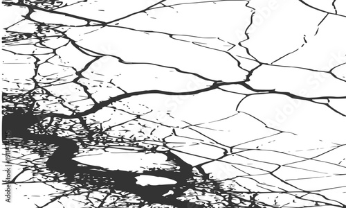Black and white grunge cracked earth texture with dramatic fracture lines and dark stain patches, distressed broken surface pattern overlay perfect for vintage and urban graphic design projects