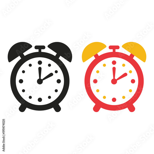 Two alarm clocks in black and red on white background icon