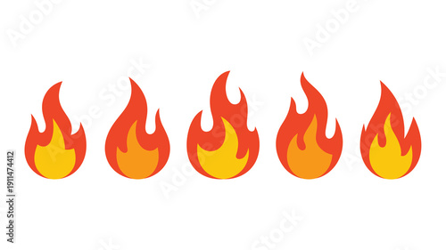 A row of five cartoon style flames is depicted against a stark white background showcasing varying shapes and vibrant orange yellow hues high quality professional detailed