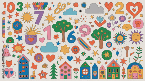 A vibrant playful pattern features colorful numbers hearts trees suns and whimsical shapes scattered across a white background high quality professional detailed modern elegant stylish clean