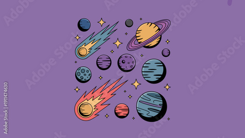 A vibrant illustration depicts a whimsical scene of planets comets and celestial bodies scattered across a purple cosmic expanse high quality professional detailed modern elegant stylish