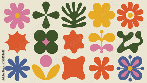 A vibrant collection of stylized floral and botanical shapes in a retro mid century modern aesthetic presented on a cream background high quality professional detailed elegant