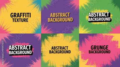 A vibrant collage showcases nine panels featuring colorful abstract backgrounds with graffiti style text overlays high quality professional detailed modern elegant stylish clean crisp digital creative