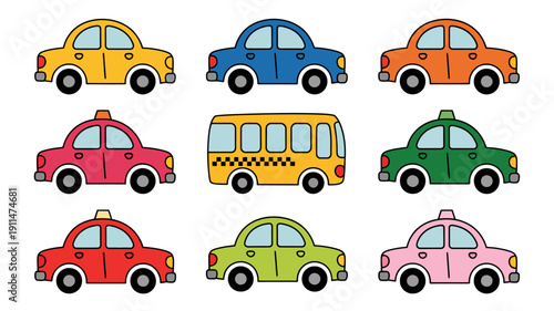 A colorful arrangement of cartoon vehicles is displayed including cars a school bus and a taxi all with simplistic designs high quality professional detailed modern elegant