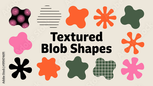 An arrangement of colorful textured blob shapes and abstract forms are displayed on a pale beige background creating a playful design high quality professional detailed modern