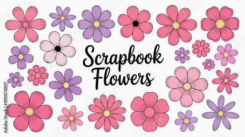 A colorful arrangement of cartoon flowers and the text scrapbook flowers is displayed on a white background high quality professional detailed modern elegant stylish clean crisp