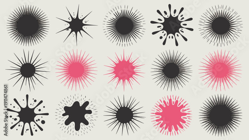 An assortment of radial burst designs are displayed featuring both black and vibrant pink starbursts on a neutral background high quality professional detailed modern elegant stylish