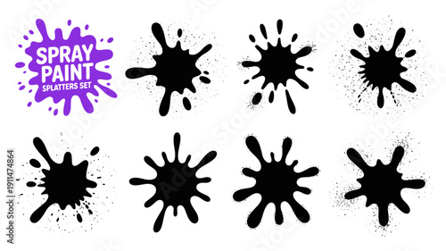 A collection of black spray paint splatters and droplets arranged in a set alongside a purple spray paint label high quality professional detailed modern elegant stylish