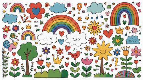 A vibrant collection of hand drawn illustrations depicts rainbows flowers clouds trees and hearts in cheerful bright colors on a white background high quality professional detailed