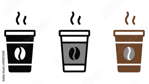 Coffee icon set, vector icon of takeaway coffee cup in disposable drink pictogram, flat outline and solid glyph versions for restaurant branding