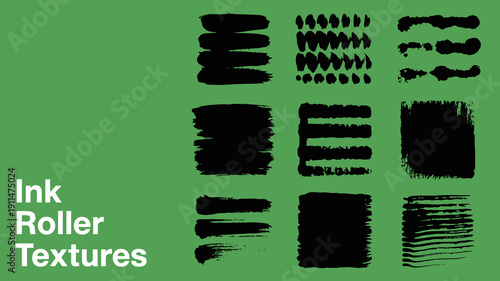 An arrangement of various black ink roller textures is displayed against a vibrant green background accompanied by corresponding text high quality professional detailed modern elegant stylish