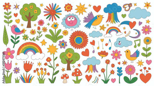 A vibrant collection of cartoon stickers depicts flowers birds rainbows trees hearts and clouds in cheerful bright colors high quality professional detailed modern elegant stylish clean