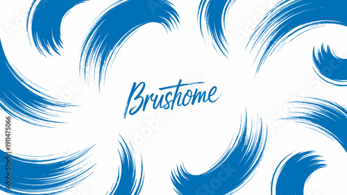 An abstract image displays swirling blue brushstrokes arranged in a circular pattern around the text Brushhome on a white background high quality professional detailed modern elegant