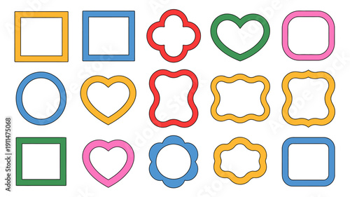 A colorful arrangement displays various geometric shapes including squares circles hearts and clover like forms in a grid pattern high quality professional detailed modern elegant stylish