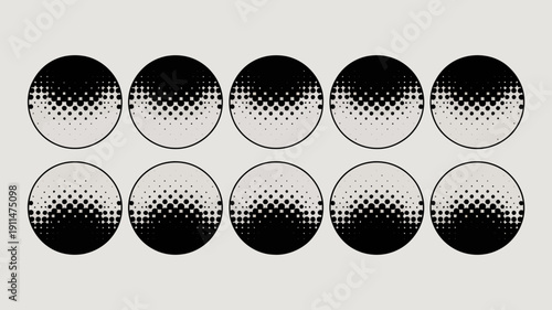 A minimalist composition displays nine circles varying in halftone dot density arranged in a symmetrical rectangular pattern on a white background high quality professional detailed modern
