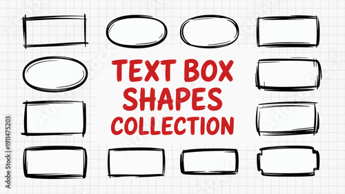 A collection of hand drawn text box shapes including rectangular and oval options are displayed on a white grid background high quality professional detailed modern elegant