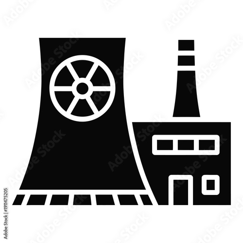 Nuclear power plant icon with cooling tower and chimney icon