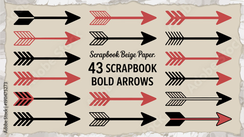 A collection of decorative arrows in red and black tones are displayed on a textured beige scrapbook paper background high quality professional detailed modern elegant stylish