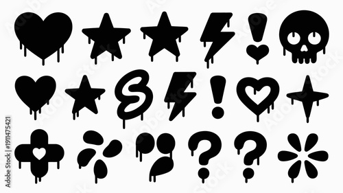 A collection of black dripping graffiti style icons including hearts stars skulls lightning bolts and question marks high quality professional detailed modern elegant stylish clean crisp